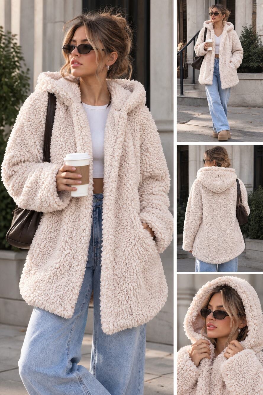 Free People OB536926 Cream Sherpa Teddy Hoodie Jacket Cozy Oversized Coat L